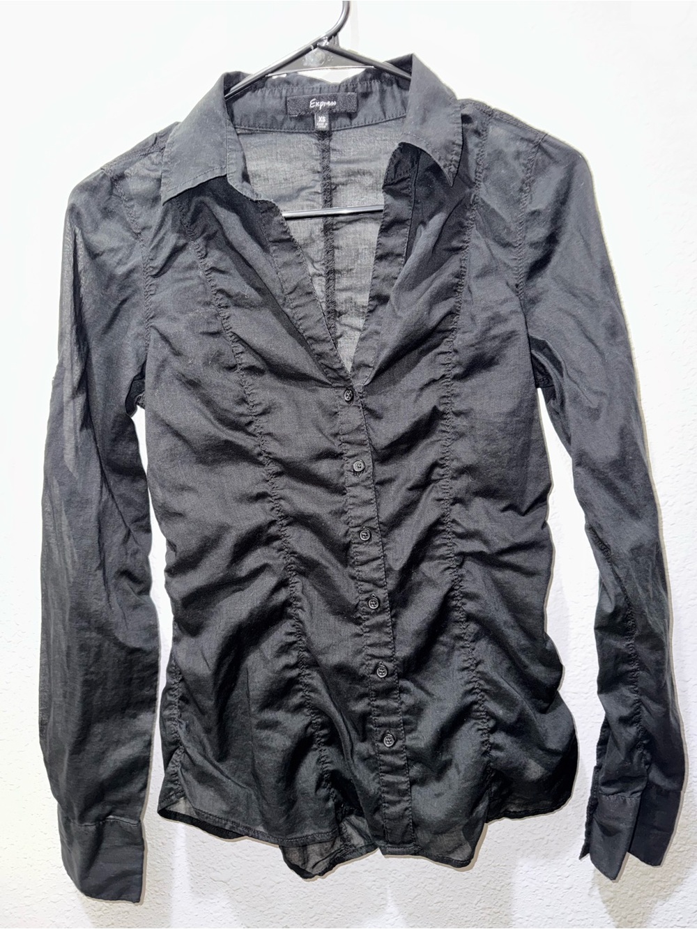 Express Black Ruched Button-Down Blouse